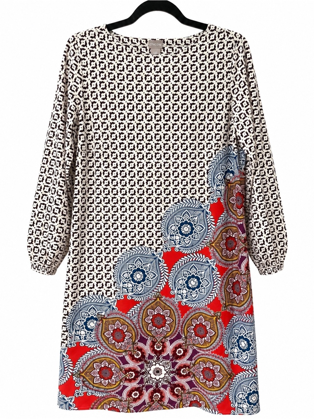 Chico’s Boho Medallion Border Print Long Sleeve Shift Dress Sz 4/6